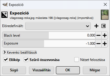 Összevetés: a Színek › Expozíció szűrő egy rétegmásolaton, −1 EV-vel — a hatás a 188-as szürkével való Szorzással egyezik.