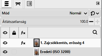 A Zajcsökkentés fx-ként a „1. Zajcsökkentés, erősség 4” rétegen, alatta az eredeti.