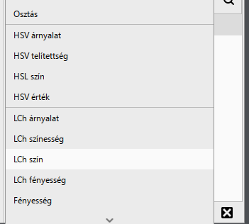 A Mód lista: az LCh szín mód kijelölve; fölötte a HSL szín, amely a világosságot is módosítaná.