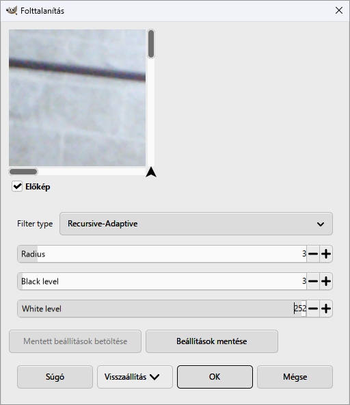 A Folttalanítás bővítmény ablaka angol feliratokkal: Recursive-Adaptive, Radius 3, Black level 3, White level 252.