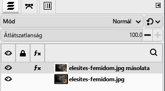 A Rétegek dokk: az élesítés fx-ként a felső, kettőzött rétegen, alatta az eredeti.