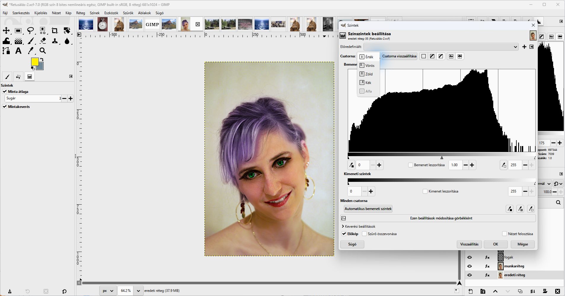 GIMP 3.2.6: a Szintek Csatorna listájában külön választható a Vörös, Zöld és Kék; ezek végpontjait egymás után kell ellenőrizni.