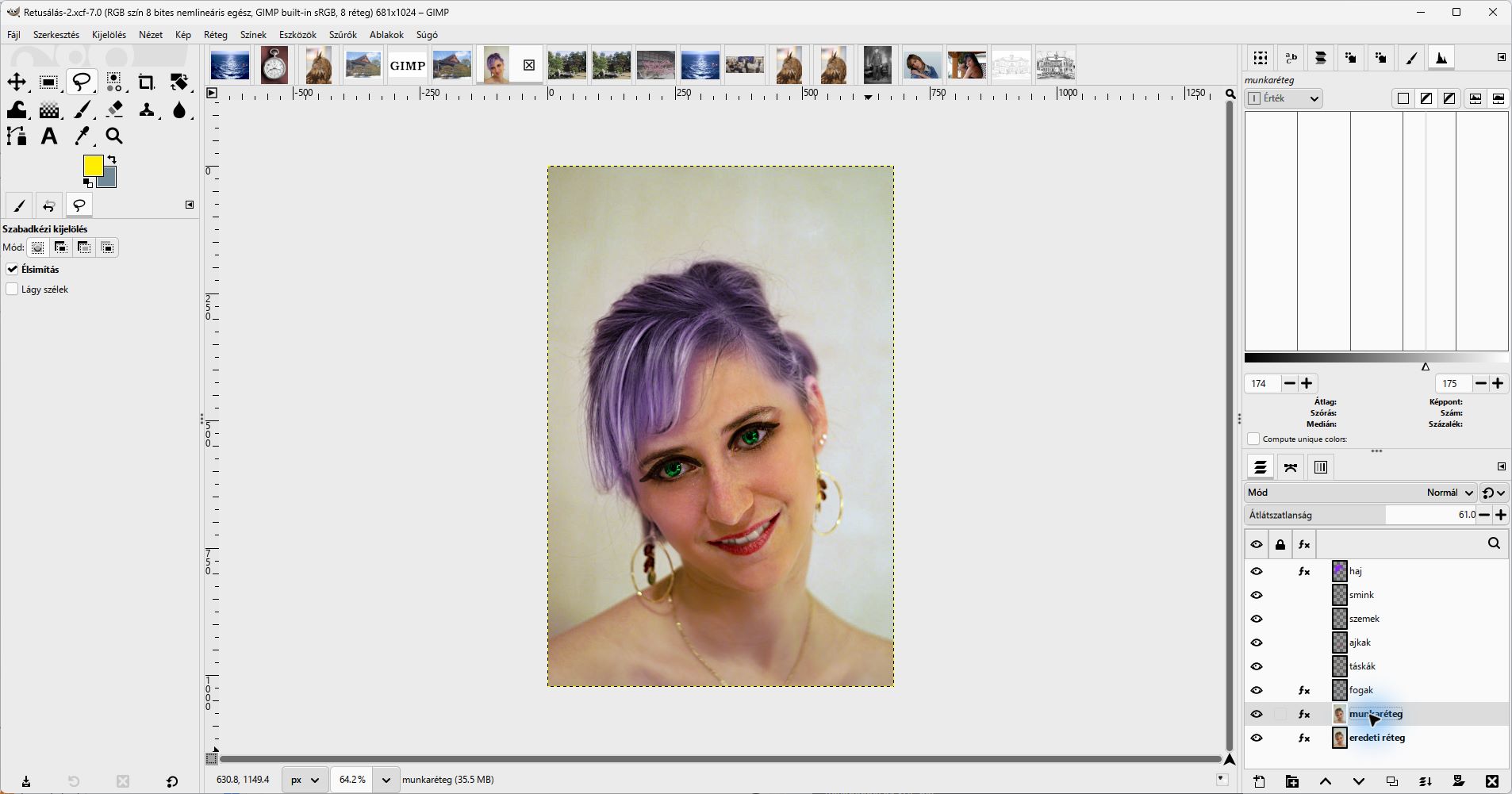 GIMP 3.2.6: a tanári XCF külön munkarétege a megőrzött eredeti fölött.