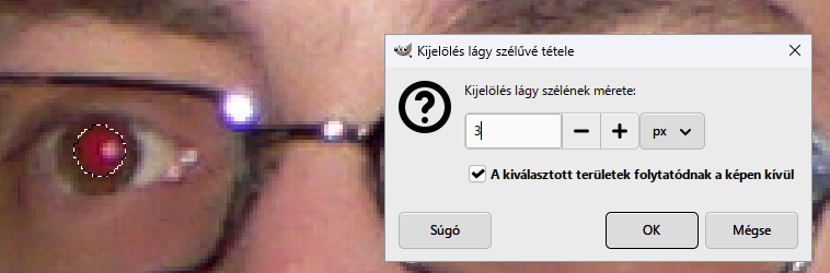 Kijelölés › Lágy szél…: 3 képpont, hogy a javítás pereme fokozatosan fusson ki.