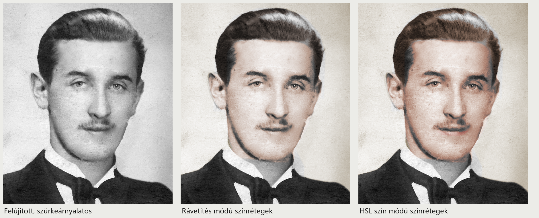 Ugyanazok a színrétegek két módban: a Rávetítés világosít, a HSL szín a világosságot megtartja.
