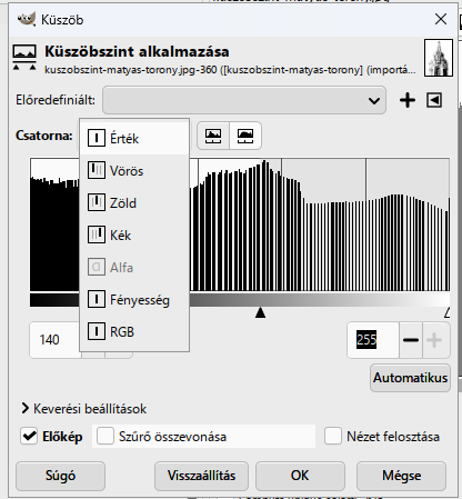 A Csatorna lista: Érték, Vörös, Zöld, Kék, Fényesség és RGB. Az Érték a három színcsatorna legnagyobbikát nézi.