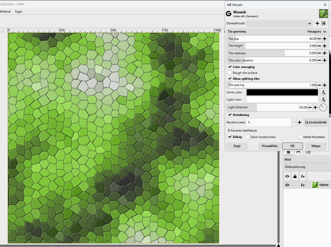 Mozaik: Hexagons, Tile size 44, Tile height 5, Tile spacing 1,5 — a felhőből pikkely lesz.