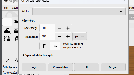 Fájl › Új…: 600 × 400 képpontos kép.