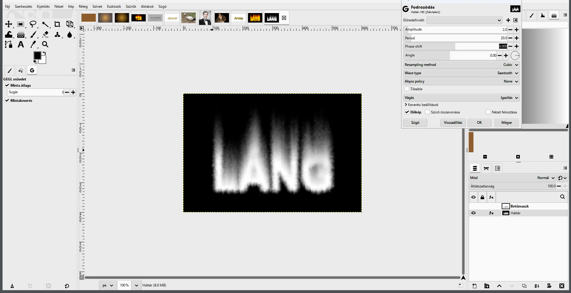 Fodrozódás: Amplitude 2, Period 20, Angle 0, Sawtooth — kis periódus, sűrű fodrozódás.