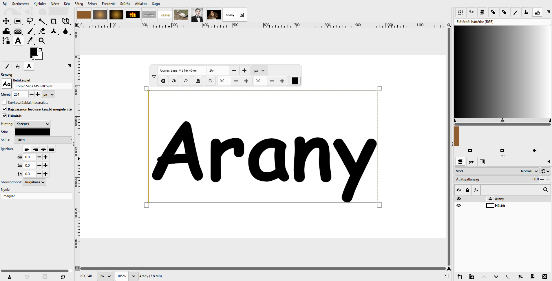 Comic Sans MS Félkövér, 264 px, fekete: „Arany” a fehér vászon közepén.