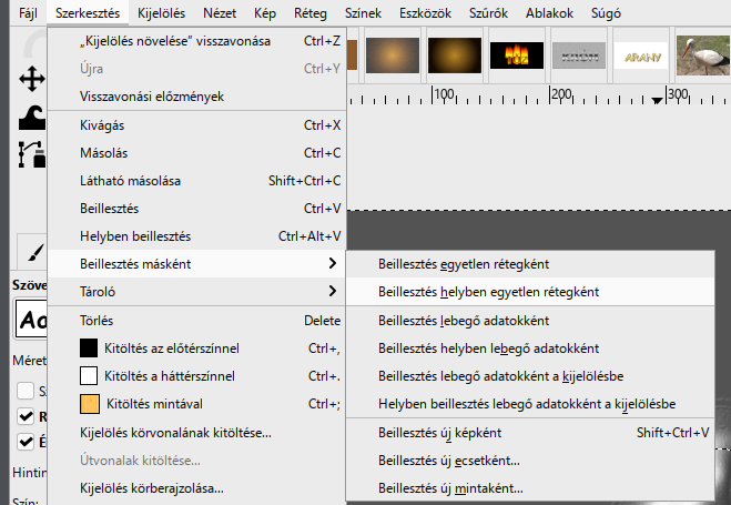 Szerkesztés › Beillesztés másként › Beillesztés helyben egyetlen rétegként.