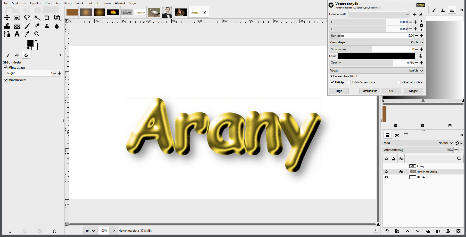 Vetett árnyék: X 18, Y 18, Blur radius 15, Opacity 0,75.