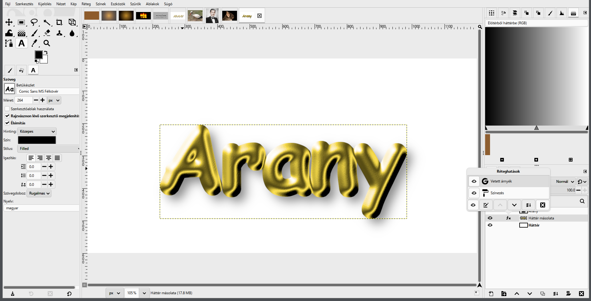 A kész aranyfelirat; a Színezés és a Vetett árnyék Fx-ként a rétegen.