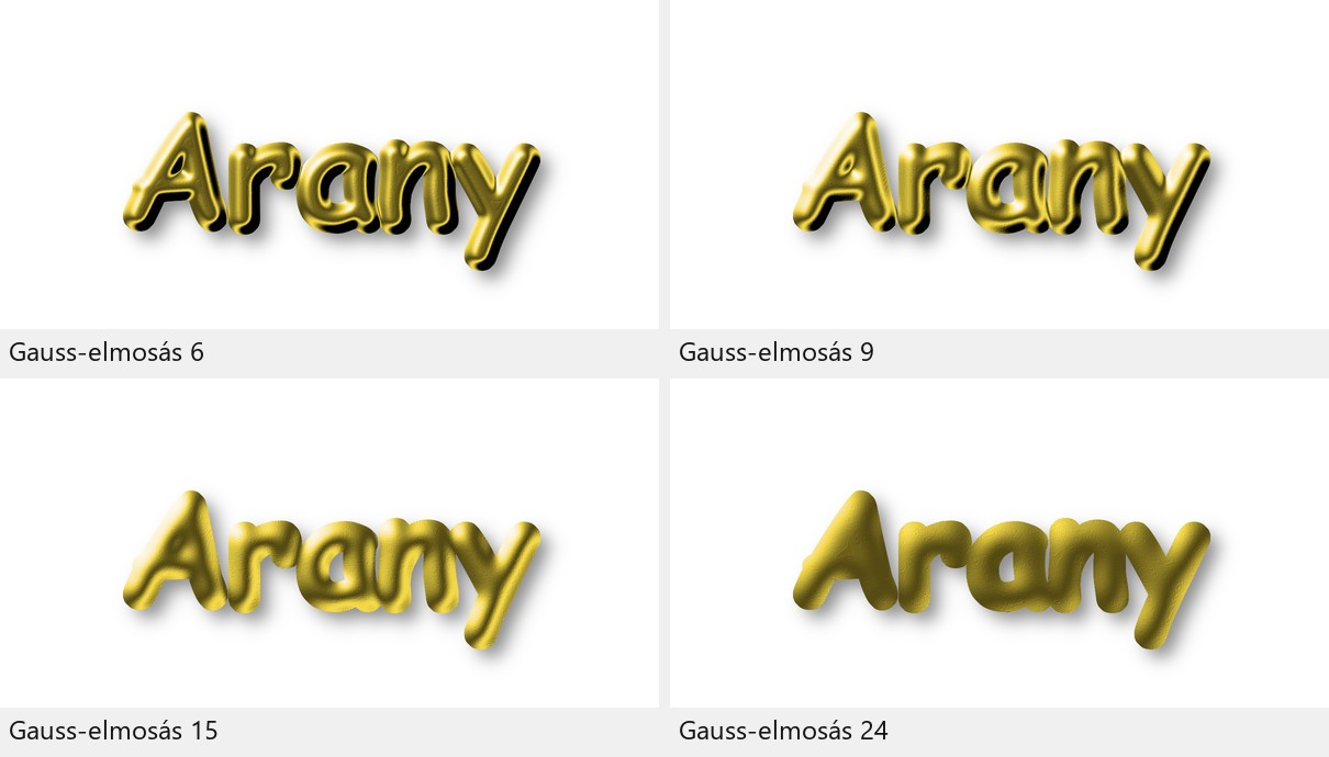 Ugyanez a recept négy elmosási sugárral (6, 9, 15, 24): a 9-es adja a csöves, fényes aranyat, a 24-esnél eltűnnek a kontúrok.