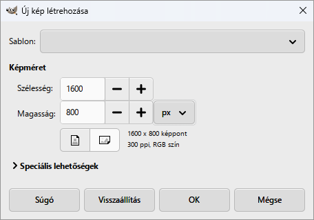 Az Új kép létrehozása ablak: 1600 × 800 képpont.