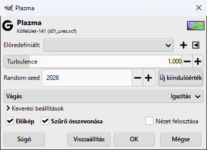 A Plazma ablaka: Random seed 2026, Turbulence 1,0. Ugyanaz a mag mindig ugyanazt a mintázatot adja.