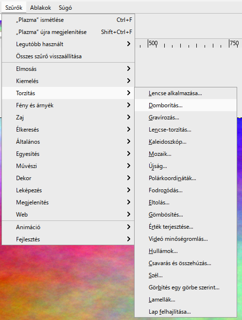 A Szűrők › Torzítás almenü: innen nyílik a Domborítás és később a Mozaik is.