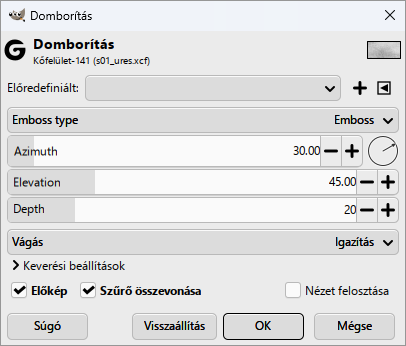 A Domborítás ablaka az alapértékekkel: Azimuth 30, Elevation 45, Depth 20.