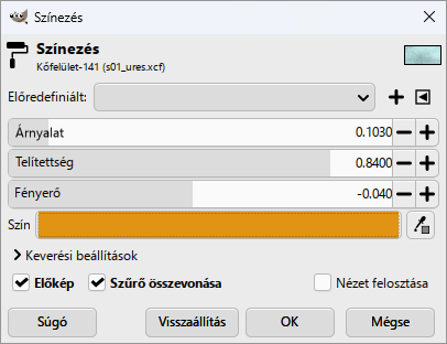 A Színezés ablaka: az értékek 0 és 1 közöttiek — Árnyalat 0,103, Telítettség 0,84, Fényerő −0,04.