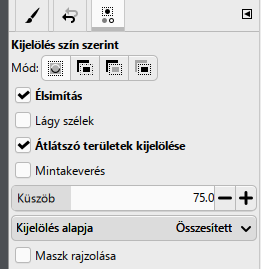 A Szín szerinti kijelölés beállításai: a Küszöb mezőben adod meg, mennyire térhet el egy képpont a kattintott színtől.