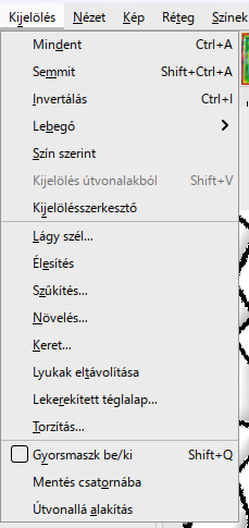 A Kijelölés menü: Invertálás (Ctrl+I), Keret…, Lekerekített téglalap… és Mentés csatornába egy helyen.