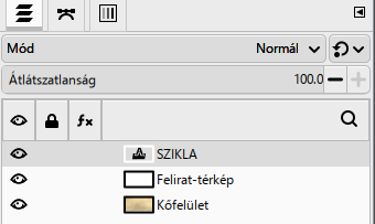 A Rétegek dokk az összefésülés előtt: a SZIKLA szövegréteg a fehér Felirat-térkép fölött.