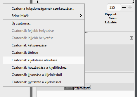 A csatorna helyi menüje: Csatornák kijelöléssé alakítása.