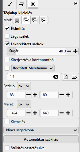 A Téglalap-kijelölés beállításai: Lekerekített sarkok, Sugár 40, pozíció 88, 80, méret 1424 × 640.