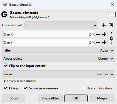 A Gauss-elmosás: Size X és Y 2,4 (szórás), Szűrő összevonása bekapcsolva.