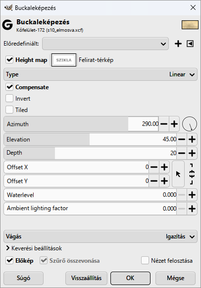 A Buckaleképezés: Height map Felirat-térkép, Linear, Compensate, Azimuth 290, Elevation 45, Depth 20. A Szűrő összevonása szürkén bekapcsolt.