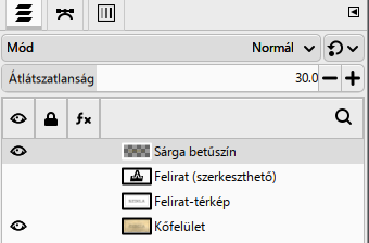 A kész rétegsor: Sárga betűszín 30%-on, alatta a rejtett tartalék rétegek és a Kőfelület.