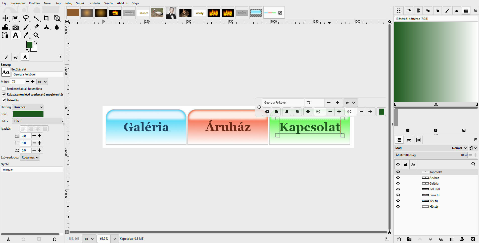 A három felirat a saját fülén: Galéria, Áruház (6e2814) és Kapcsolat (1e5a1e).