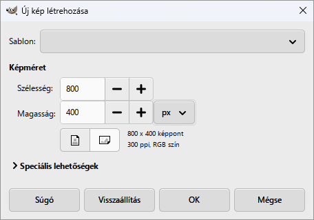 Az Új kép létrehozása ablak: 800 × 400 képpont.