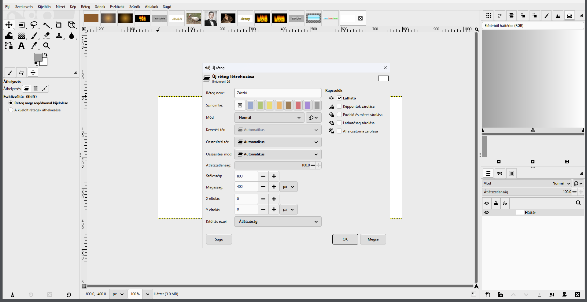 Az Új réteg ablak: név Zászló, Kitöltés ezzel: Átlátszóság, a teljes vászon méretében.