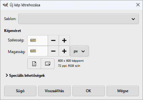 Az Új kép létrehozása ablak: 600 × 600 képpont.