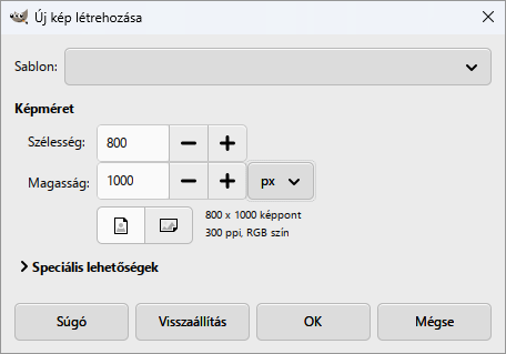 Az Új kép létrehozása ablak: 800 × 1000 képpont.
