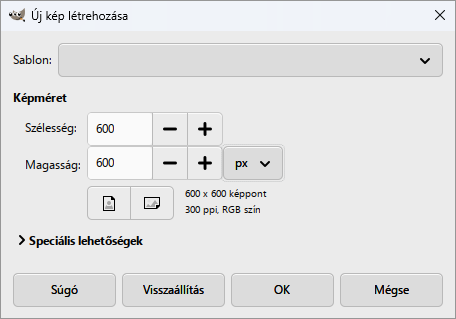 Az Új kép létrehozása ablak: 600 × 600 képpont.